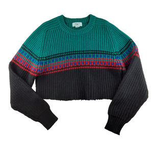 Vintage Gap Womens 100% Wool Teal Blue Colorblock Stripe Cropped Sweater M